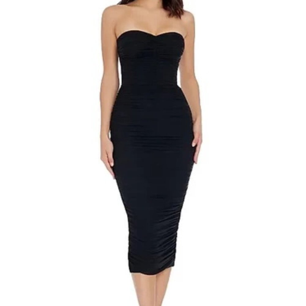 Dress The Population Black Heather Ruched Strapless Bodycon Dress